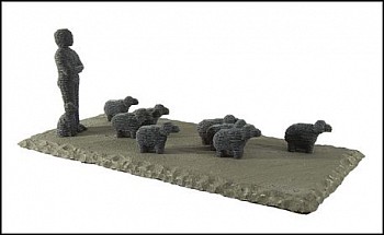 Boaz Vaadia Avimelekh with Dog and Eight Lambs (#94) (2006), a bronze and bluestone figurative sculpture featuring a standing figure, a dog, and eight lambs arranged on a rugged stone surface. This stacked stone artwork merges ancient techniques with mode