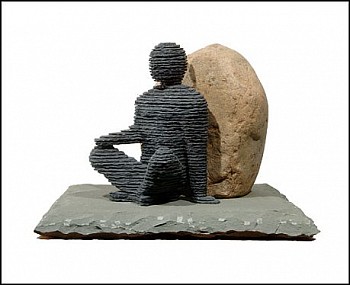 Boaz Vaadia Deqer 2nd (#80) (2005), a bronze and bluestone figurative sculpture featuring a seated figure leaning against a boulder, measuring 13 x 21 x 21 inches. This stacked stone artwork merges ancient techniques with modern abstraction, available at