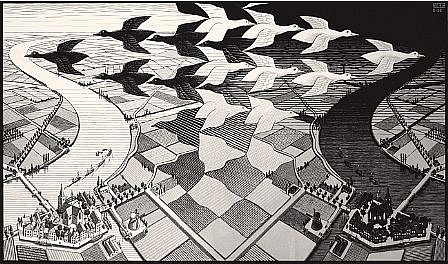 MC Escher, Day and Night (B. 303)
Signed and Annotated Eigen Druk (Printed by Myself), 1938
Woodcut in grey and black, printed from two blocks, 15 3/8 x 26 5/8 inches
ESCH0052