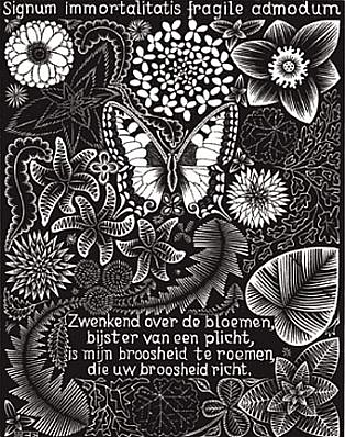 MC Escher, Emblemata Suite: Butterfly (B. 180)
Edition 257/300, 1931
Woodcut, 7 1/8 x 5 1/2 inches
ESCH0102