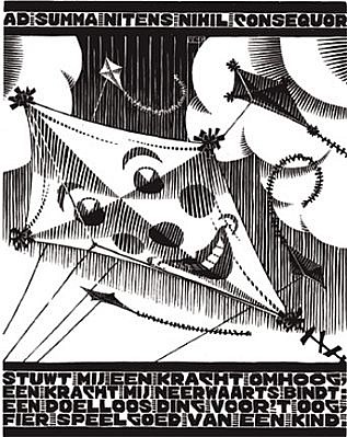 MC Escher, Emblemata Suite: Kite (B. 165)
Edition 257/300, 1931
Woodcut, 7 1/8 x 5 1/2 inches
ESCH0116