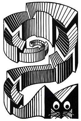 MC Escher, M is een Muis (Mouse) (B. 393), 1953
Woodcut, 3 7/8 x 2 1/2 inches
Escher created "E is an Ezel" and "M is a Muis" for Grafisch ABC.  This booklet consisted of 26 wood engravings, each representing a different letter of the alphabet.  The other letters were crafted by other graphic artists.  The collection was given to d
ESCH0024