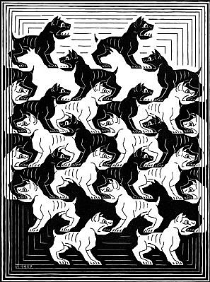 MC Escher, Regular Division of the Plane IV: Black (B. 419), 1957
Woodcut, 9 1/2 x 7 1/8 inches
In 1957 the De Roos Foundation commissioned Escher to write an essay on his tessellation work In 1958 the essay was published as a book called 'Regelmatige Vlakverdeling' (The Regular Division of the Plane.) The book contained six black/white and six red/
ESCH0037