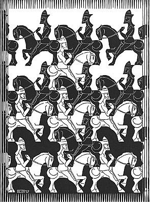 MC Escher, Regular Division of the Plane III: Black (B. 418), 1957
Woodcut, 9 1/2 x 7 1/8 inches
In 1957 the De Roos Foundation commissioned Escher to write an essay on his tessellation work In 1958 the essay was published as a book called 'Regelmatige Vlakverdeling' (The Regular Division of the Plane.) The book contained six black/white and six red/
ESCH0038