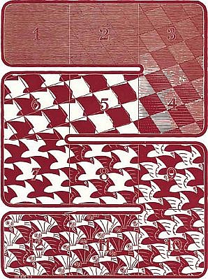 MC Escher, Regular Division of the Plane I: Red (B. 416), 1957
Woodcut, 9 1/2 x 7 1/8 inches
In 1957 the De Roos Foundation commissioned Escher to write an essay on his tessellation work In 1958 the essay was published as a book called 'Regelmatige Vlakverdeling' (The Regular Division of the Plane.) The book contained six black/white and six red/
ESCH0034