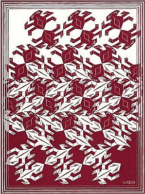 MC Escher, Regular Division of the Plane V: Red (B. 420), 1957
Woodcut, 9 1/2 x 7 1/8 inches
In 1957 the De Roos Foundation commissioned Escher to write an essay on his tessellation work In 1958 the essay was published as a book called 'Regelmatige Vlakverdeling' (The Regular Division of the Plane.) The book contained six black/white and six red/
ESCH0035
