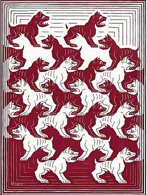 MC Escher, Regular Division of the Plane IV: Red (B. 419), 1957
Woodcut, 9 1/2 x 7 1/8 inches
In 1957 the De Roos Foundation commissioned Escher to write an essay on his tessellation work In 1958 the essay was published as a book called 'Regelmatige Vlakverdeling' (The Regular Division of the Plane.) The book contained six black/white and six red/
ESCH0141