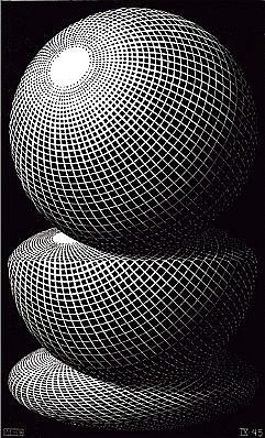 MC Escher, Three Spheres I (B. 336)
Signed, 1945
Wood Engraving, 11 x 6 5/8 inches
At the top of this print the spatial nature of a globe is brought out as strongly as possible.  Yet it is not a globe at all, merely the projection of one on a piece of paper which could be cut out as a disc.  In the middle, just such a paper disc is illu
ESCH0057