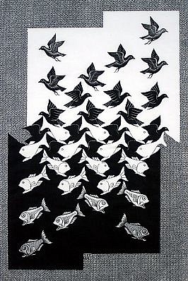 MC Escher, Sky and Water II (B.308)
Signed and Annotated Eigen Druk (Printed by Myself), 1938
Woodcut, 24 1/2 x 16 inches
In the horizontal center strip, there are birds and fish equivalent to each other.  We associate flying with sky and for each of the black birds the sky in which it is flying is formed by the four white fish which encircle it.  Similarly swimming makes us
ESCH0062