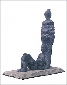 Boaz Vaadia Hanna and Elqana (1988), a bronze and bluestone figurative sculpture featuring two human figures, one reclining and one standing, crafted in a stacked stone formation. This contemporary abstract sculpture measures [dimensions available upon re
