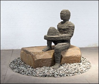 Boaz Vaadia Ah'av (#119) AP (2013), a contemporary bronze and bluestone sculpture depicting a stacked stone seated human figure atop a boulder. The piece embodies meditative and nature-inspired aesthetics, available at Sponder Gallery.