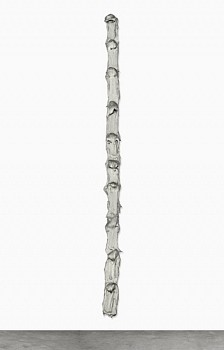 Donald Martiny Nawa (2017), a sleek, vertical chrome sculptural artwork measuring 91 x 4 inches. This minimalist, abstract piece reflects light and interacts with its environment, available at Sponder Gallery.