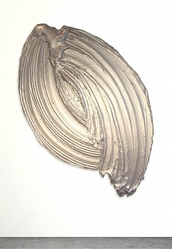 Donald Martinyâ€™s Leliali (2018), a large-scale abstract sculptural painting with sweeping metallic pewter brushstrokes, created using polymer and pigment on aluminum, measuring 79 x 50 inches. A contemporary gestural artwork available at Sponder Gallery.