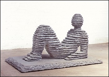 Boaz Vaadia Ahiam #67 (2001), a bronze and bluestone contemporary sculpture depicting a layered stone reclining human figure on a stone platform. This modern figurative artwork embodies meditative aesthetics and natural material artistry, available at Spo