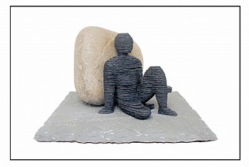 Boaz Vaadia Ge'u'el (#74) (2002), a bronze, bluestone, and boulder sculpture, featuring a seated layered stone figure leaning against a rock. This contemporary figurative artwork embodies a balance between nature and human form. Available at Sponder Gal