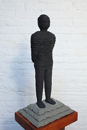 Boaz Vaadia Uzziyya (#148) (BVE) (2020), a stacked bronze and bluestone figurative sculpture standing in quiet contemplation, measuring 26 1/2 x 13 x 10 inches. This contemporary minimalist sculpture reflects Vaadia&acirc;s signature style, available at Sponder