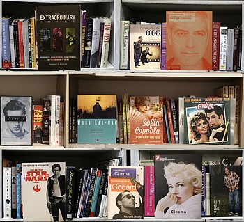 Photographic artwork titled Film SQ 3 (2018) by Max-Steven Grossman, a diasec-mounted fine art print (Edition 1/5, 40 x 44 in.), featuring an illusionary bookshelf with legendary film directors, actors, and iconic cinema books.