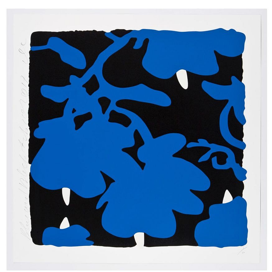Donald Sultan, Z Lantern flowers BLUE AND BLACK, FEB 10, 2017; edition of 50, 2017
Color silkscreen with over-printed flocking on Rising, 2-ply museum board, 32 x 32 in.
SULT00058