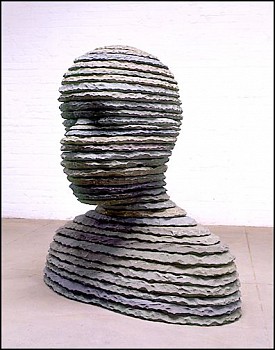 Boaz Vaadia STONE - Zamir (2004), bluestone and boulder sculpture, 50 x 49 x 29 inches. A layered stone head representing earthly materiality, meditative presence, and the timeless bond between nature and human form.