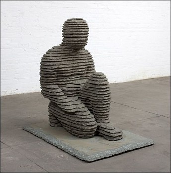 Boaz Vaadia Haza'el (#113) (2011), a bronze and bluestone figurative sculpture featuring a kneeling human figure, measuring 41 x 41 x 29 inches. This stacked stone artwork merges ancient techniques with modern abstraction, available at Sponder Gallery.