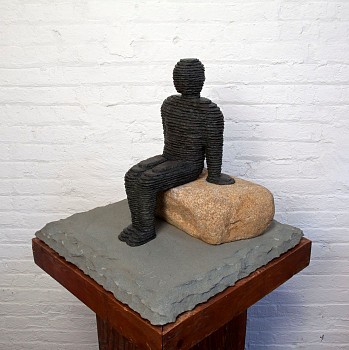 Boaz Vaadia Amarya (#40) (1997), a contemporary figurative sculpture made of bronze, bluestone, and a natural boulder. This stacked stone artwork reflects ancient techniques and modern abstraction, available at Sponder Gallery.