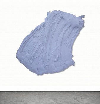 A sculptural painting by Donald Martiny titled Akenatzy (ca. 2014), featuring a single, large-scale brushstroke in mauve created with polymer and pigment on aluminum. This abstract artwork extends beyond the canvas, embodying movement and gesture in a thr