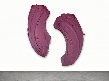 Donald Martinyâ€™s Mawakawa (2013), a large-scale abstract diptych featuring two sweeping mauve-colored brushstrokes, created using polymer and pigment on aluminum, with dimensions of 96 x 55 inches (left panel) and 103 x 62 inches (right panel). A contempo