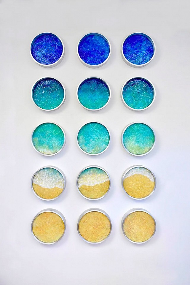 Kx2 Ruth Avra & Dana Kleinman, Z Shoreline (15pc), 2019
Repurposed industrial pipe with acrylic on wood, 67H x 40W x 3.5D inches installed(10.5"" diameter x 3.5D"" each)
Kx200069