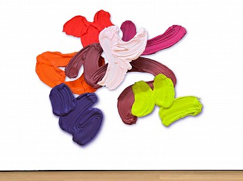 Donald Martiny Cassiopeia (2023), a large-scale abstract sculptural painting with bold, multicolored brushstrokes in red, orange, violet, pink, white, and neon green, created with polymer and pigment on aluminum. This expressive, high-impact artwork showc