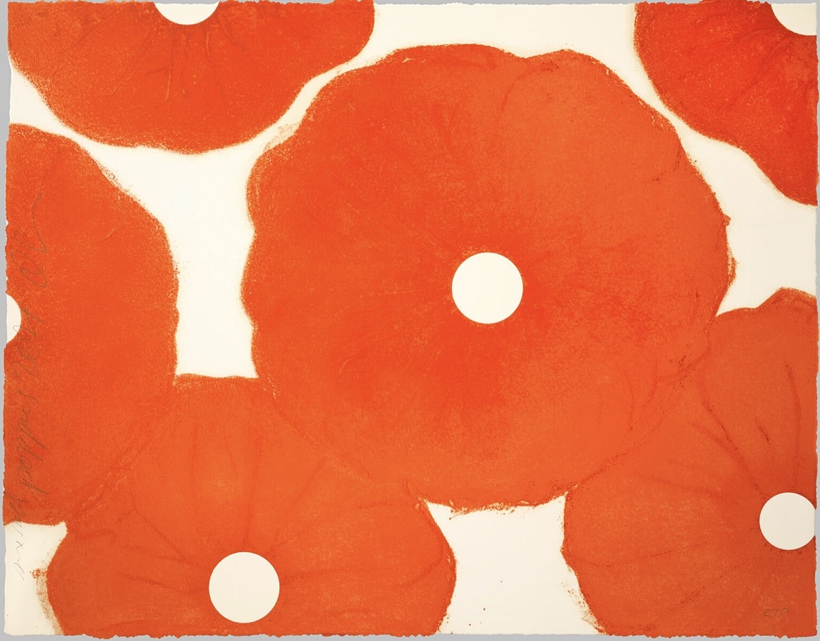 Donald Sultan, Z 6 Red Poppies; edition of 60, 2021
Color silkscreen with enamel inks and flocking on Someset Satin White with deckle edge, 30 x 38 in.
SULT00136