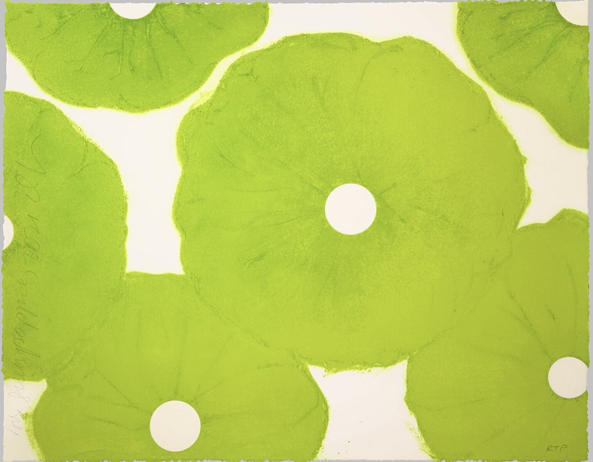 Donald Sultan, Z 6 Green Poppies; edition of 60, 2021
Color silkscreen with enamel inks and flocking on Someset Satin White with deckle edge, 30 x 38 in.
SULT00140