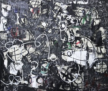 Abstract contemporary painting titled Just Follow the Sky (2024) by Taher Jaoui, featuring black and white gestural abstraction, layered textures, and expressive mark-making on a 63 x 78 in. mixed-media canvas