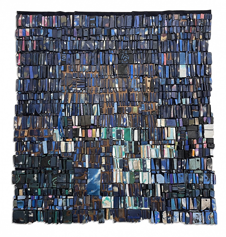 Patrick Tagoe Turkson, 346 Nyimdzee (Blue)
Found Flip Flops on Suede, 47 x 44 in.
Patrick Tagoe Turkson’s 346 Nyimdzee is a compelling assemblage that invites rigorous examination of material culture and the socio-environmental implications of contemporary art practices. Measuring 47 by 44 inches, this piece is constructed from found flip-flops meticulously arranged on suede, a choice that situates Turkson within a lineage of artists who engage with reclaimed materials to critique consumerism, transnational waste flows, and the ecological toll of globalized economies. The work’s intricate patchwork structure transforms detritus into a carefully ordered visual lexicon, where each fragment of rubber contributes to an overarching mosaic, resonant with both aesthetic and cultural significance.


TAGO00002