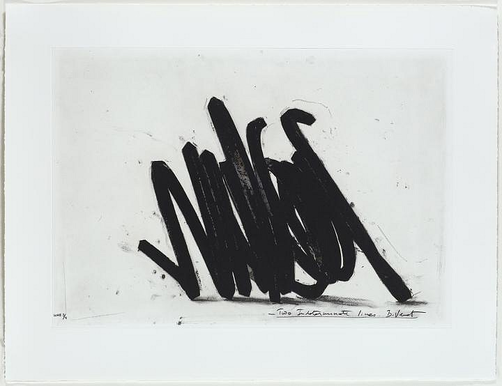 Bernar Venet, Two Indeterminate Lines II; edition 15/50, 2014
polymer gravure etching and carborundum on Somerset UK textured white paper, 30.5 x 39.7 inches (paper) / 35.25 x 44.5 x 2.75 inches (framed)
VENE00020