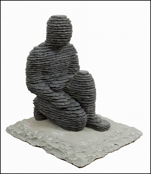 Boaz Vaadia Hanokh (#112) (2011), bronze and bluestone seated figure sculpture, 12.5 x 11.5 x 9.5 inches. Created using Vaadiaâ€™s signature stacked stone technique, inspired by natural rock formations. Available at Sponder Gallery.