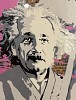 Detail of Juxtapose by Mr. Brainwash featuring a stenciled portrait of Albert Einstein. This close-up showcases Einsteinâ€™s iconic image within a textured, layered composition, blending street art aesthetics with mixed media techniques. The portrait, set a