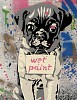 Close-up of a stenciled pug holding a â€œWet Paintâ€ sign from Mr. Brainwashâ€™s Juxtapose with vibrant graffiti, paint splatters, and layered textures in the background.