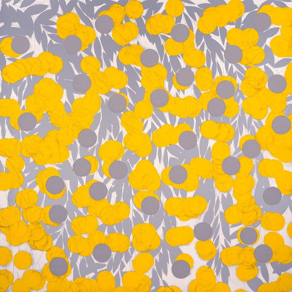 Donald Sultan, Z Yellow with Silver & Cement Mimosa, June 13, 2024, edition of 50, 2024
Silkscreen with enamel inks and sand on Rising 4-ply museum board, 48 x 48 in.
SULT00158