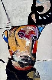 An abstract expressionist painting by Harold Garde titled Self Portrait as a Stranger (1987). The artwork depicts a distorted, dog-like face with human features, rendered in vibrant colors with expressive brushstrokes. A black, mask-like shape hovers abov