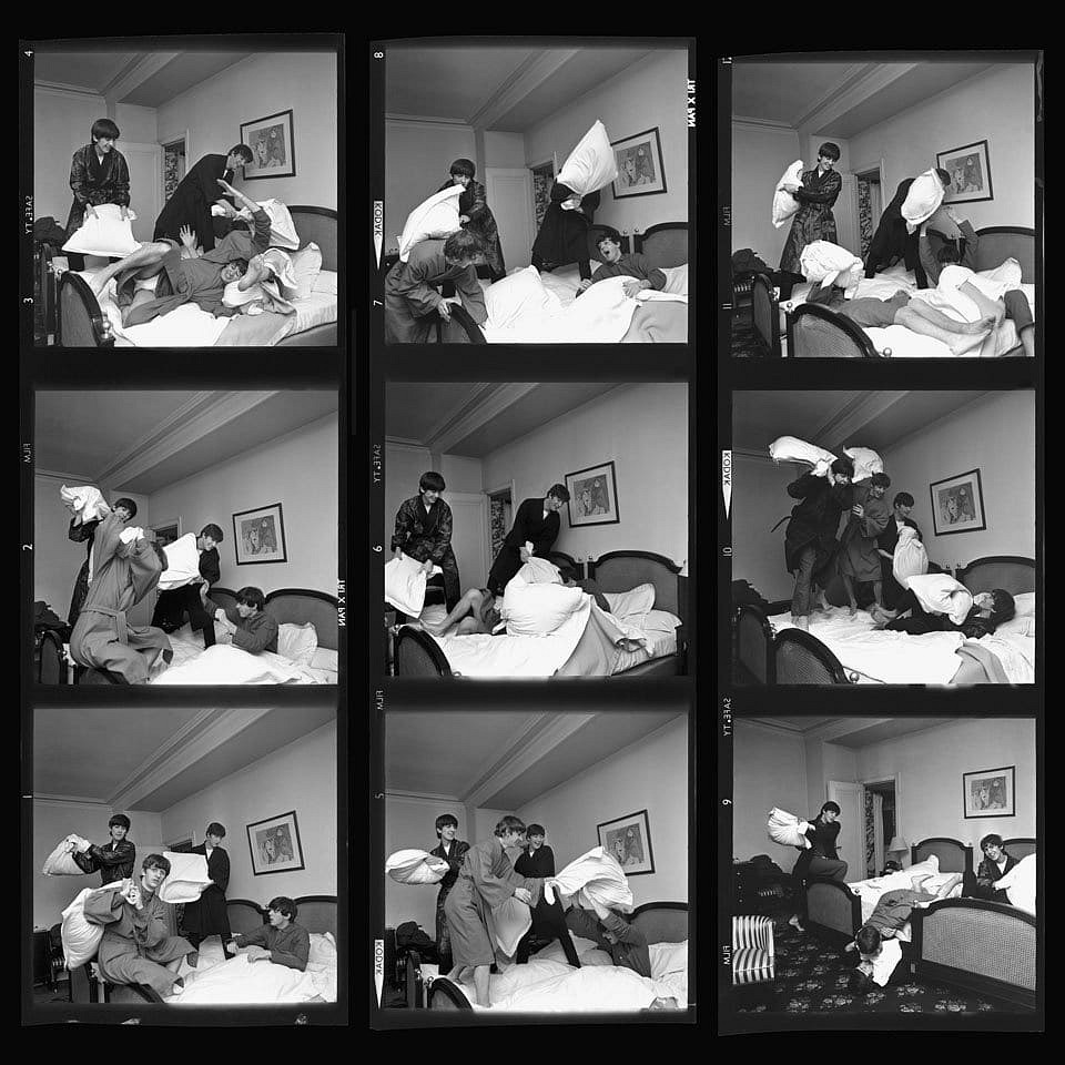 Harry Benson, Z Beatles Pillow Fight Contact Sheet; edition of 40, 1964
Photograph, 47 x 47 inches $28,000,  44 x 44 inches $26,000,  40 x 40 inches $22,000,  30 x 30 inches $16,000, 23 x 23 inches $14,000
BENS00028