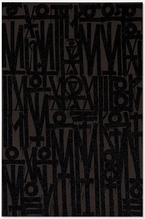 RETNA, Even the Heart Skips a Beat (Black on Black); edition 18/99, 2024
2 color screenprint with black glitterson Somerset Rad white velvet 330 gsm, 43 1/2 x 29 in.
RET00001