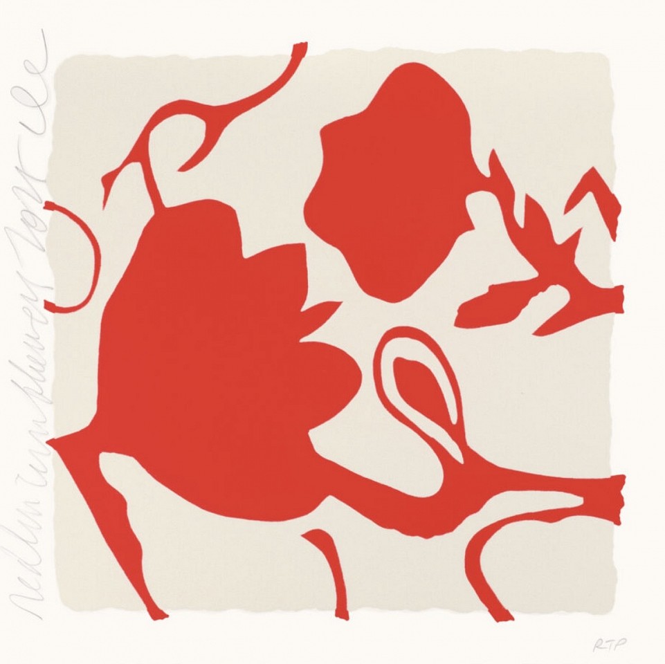 Donald Sultan, Z Little Lantern Flowers (Red); edition of 30, 2025
Color Silkscreen with enamel inks, and tar-like texture on Rising 2-ply museum board, 18 x 18 in.
SULT00185