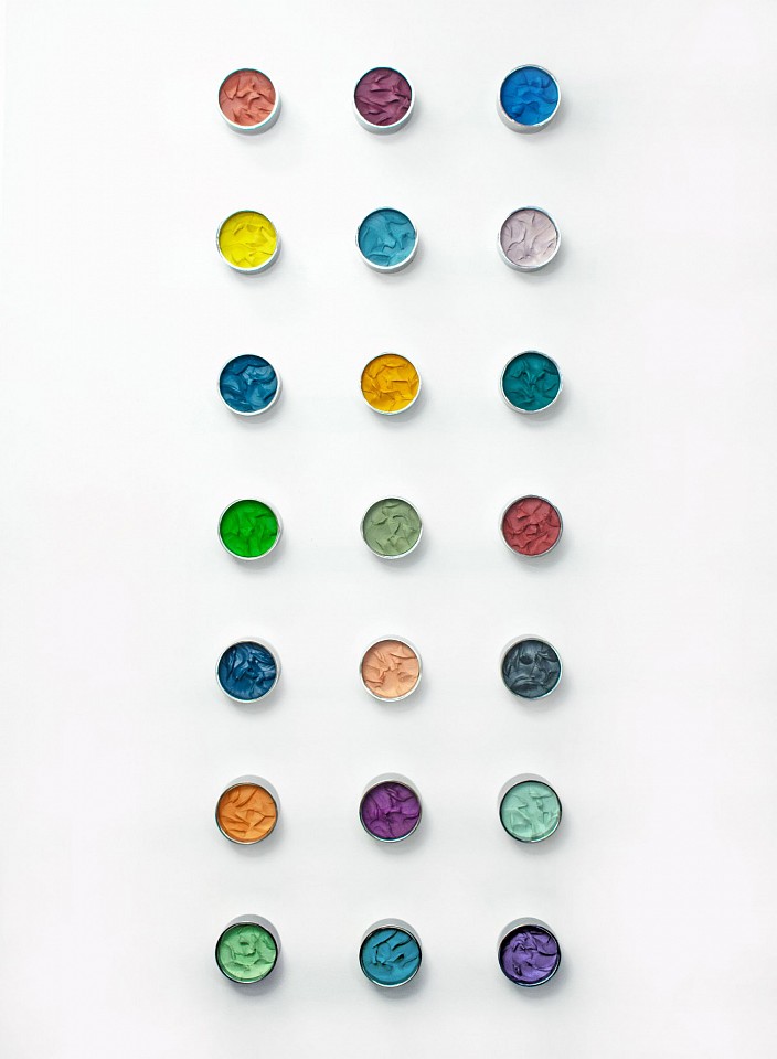 Kx2 Ruth Avra & Dana Kleinman, Summer Echo - 21 elements, 2026
Stainless steel with mixed media, dimensions variable - each element has 6.5 inch diameter
Kx200097